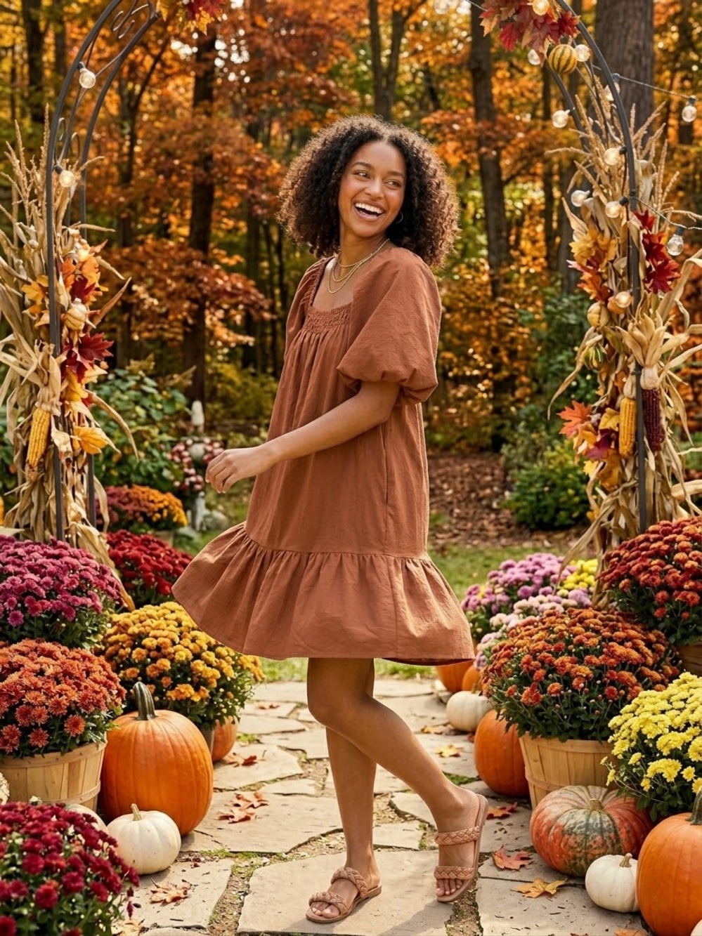 entro Mini Puff Sleeve Dress in Brown Size Small Like New